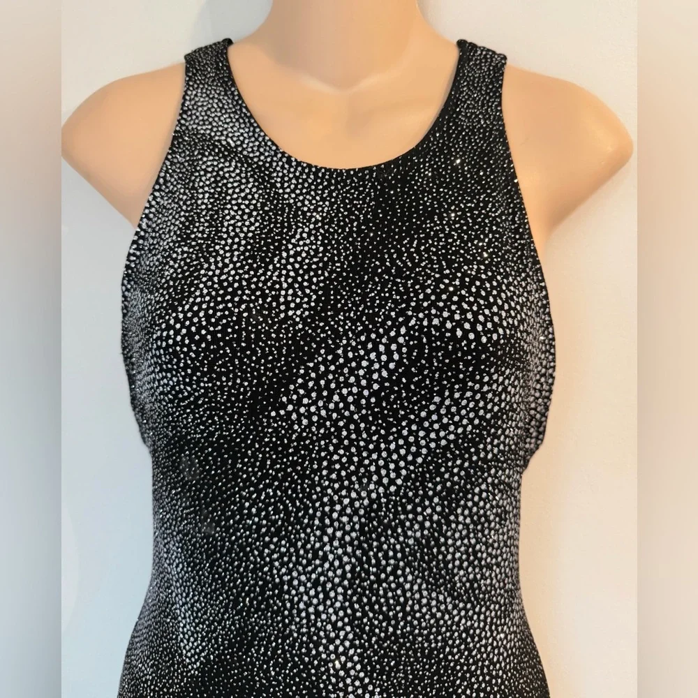 CACHE Vintage Black Floral Sparkle Acetate/Spandex Open Back Slinky Glitter M - Picture 4 of 9